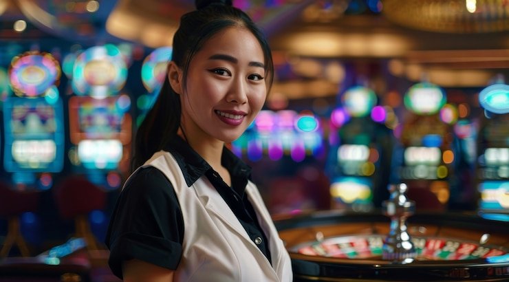 Meja live casino dengan dealer profesional dan pemain yang menikmati permainan secara daring